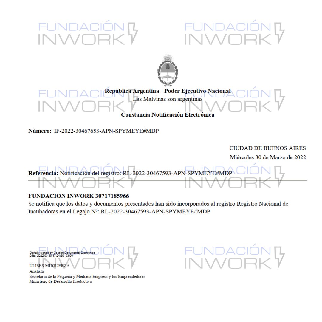 Fundación Inwork, incubadora registrada oficialmente por la Nación
